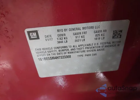 2017 Chevrolet Cruze Lt Auto z USA, uszkodzony, nr VIN 1G1BE5SM4H7223368